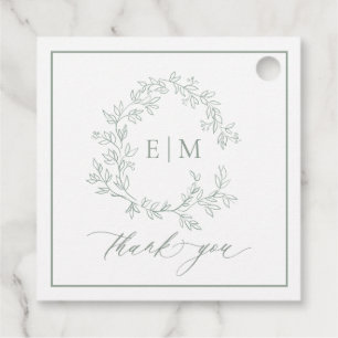 Modern Sage Green Leafy Crest Monogram Wedding Favour Tags