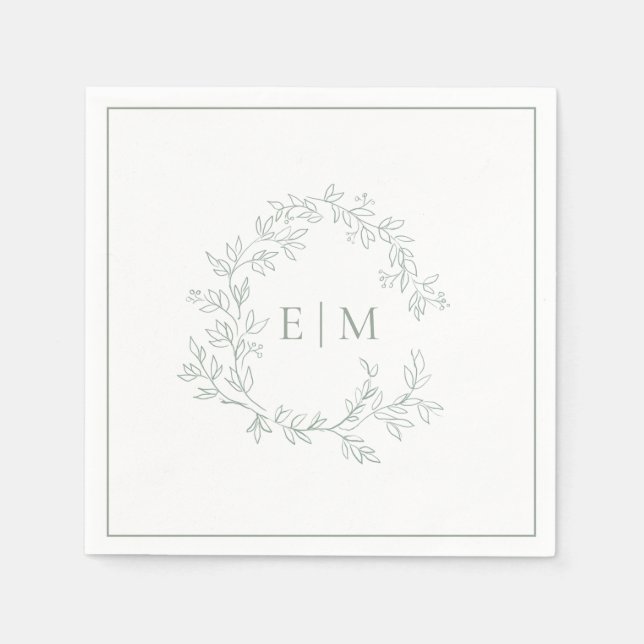 Modern Sage Green Leafy Crest Monogram Wedding Napkin (Front)