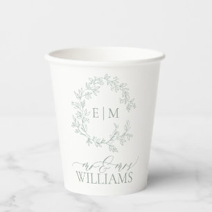 Modern Sage Green Leafy Crest Monogram Wedding Paper Cups