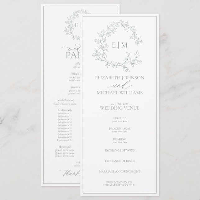 Modern Sage Green Leafy Crest Monogram Wedding Programme (Front/Back)