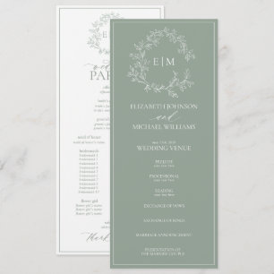 Modern Sage Green Leafy Crest Monogram Wedding Programme