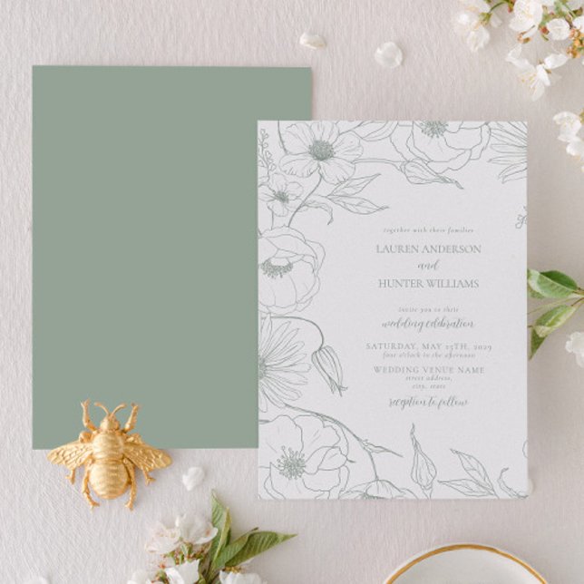 Modern Sage Green Line Art Floral Wedding Invitation (Creator Uploaded)