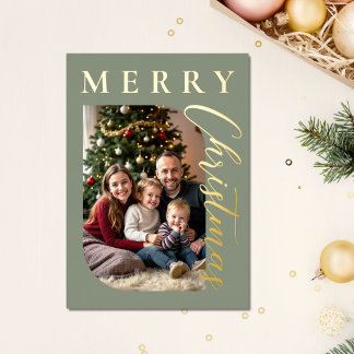 Modern Sage Green Merry Christmas Photo