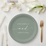 Modern sage green minimal contemporary wedding paper plate<br><div class="desc">Modern classy typography bold wedding favour decor paper plate. With modern,  elegant simple minimal typography. Sage green colour can be customised.</div>