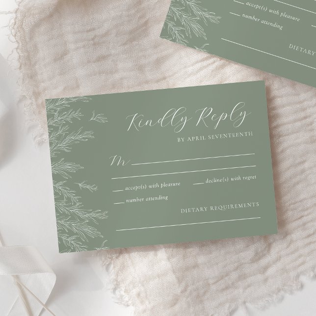 Modern Sage Green Minimal Leaves Wedding RSVP Card (Creator Uploaded)