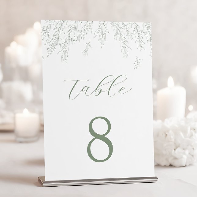Modern Sage Green Minimal Leaves Wedding Table Number (Creator Uploaded)