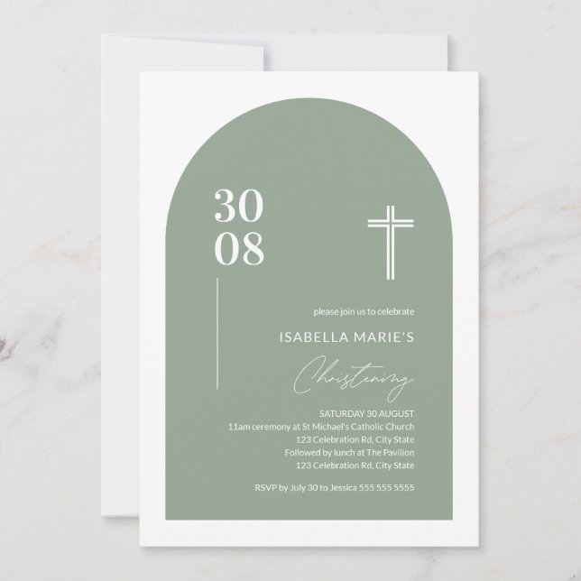 Modern Sage Green Minimalist Arch Christening Invi Invitation (Front)