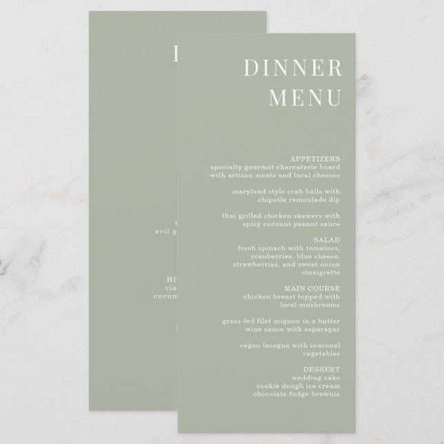 Modern Sage Green Minimalist Dinner Menu (Front/Back)