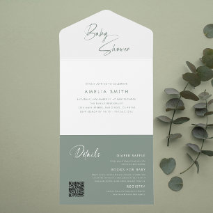 Modern Sage Green Minimalist Handwritten Envelope All In One Invitation
