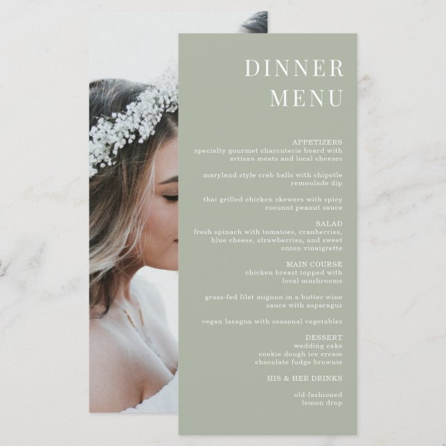 Modern Sage Green Minimalist Photo Dinner Menu (Front/Back)