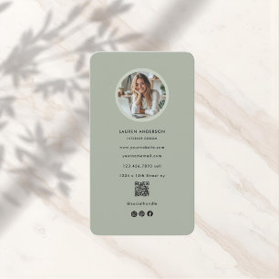 Modern Sage Green Minimalist Photo & QR Code Business Card