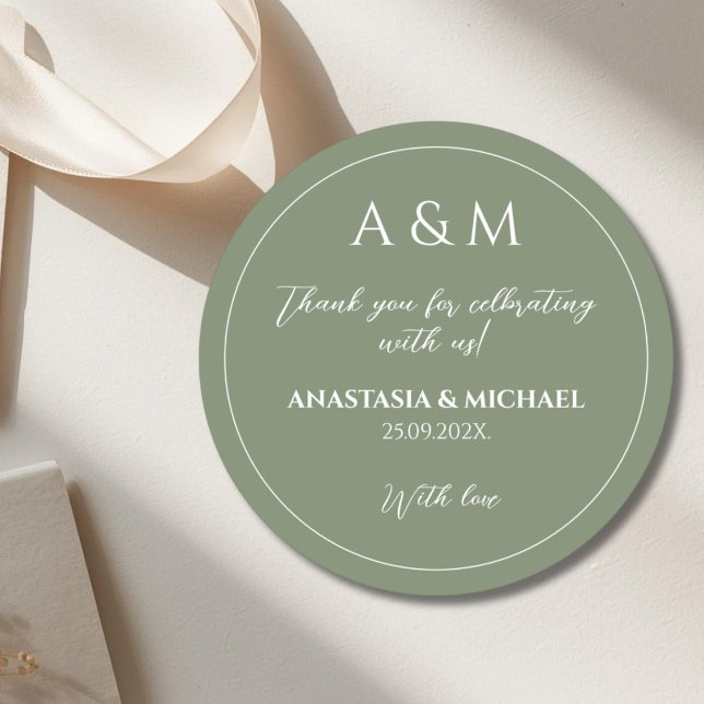 Modern sage green minimalist wedding classic round sticker (Creator Uploaded)