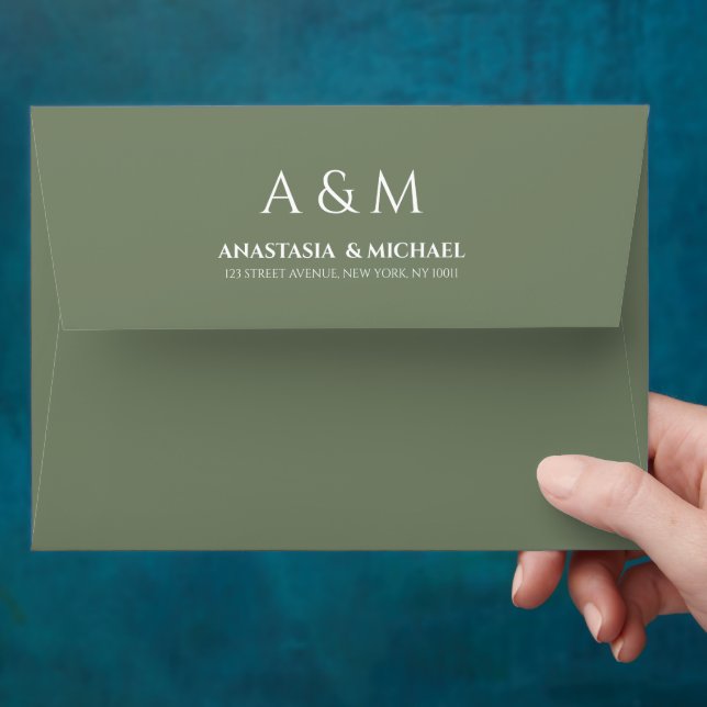 Modern sage green minimalist wedding envelope (Hand)