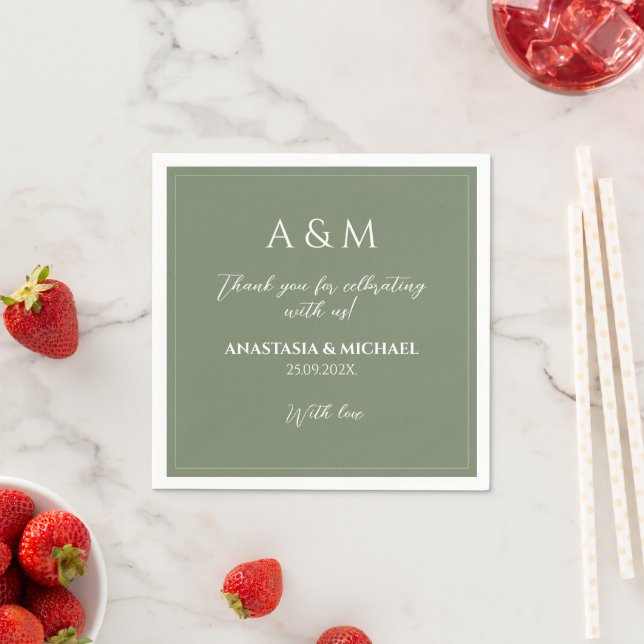 Modern sage green minimalist wedding napkins (Insitu)