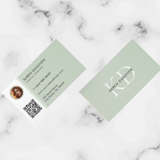 Modern Sage-Green Monogram Custom Photo Business Card (Creator Uploaded)
