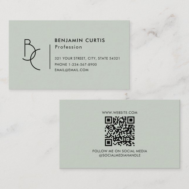 Modern Sage Green Monogram Minimalist QR Code Business Card (Front/Back)