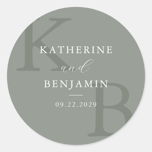Modern Sage Green Monogram Minimalist Wedding Classic Round Sticker (Front)