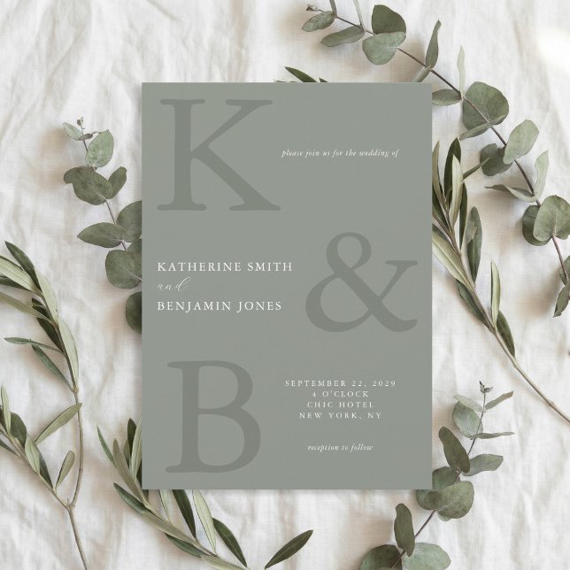 Modern Sage Green Monogram Minimalist Wedding Invitation (Creator Uploaded)