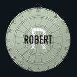 Modern sage green monogram name dart board<br><div class="desc">Modern sage green dart board with a black name and white monogram. Personalise with name and initial.</div>