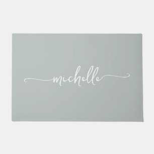 Modern Sage Green Monogram Name Script Doormat