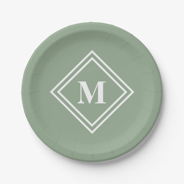 Modern Sage Green Monogram Paper Plate (Front)