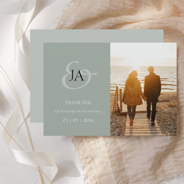 Modern Sage Green Monogram Photo Wedding Thank You (Creator Uploaded)