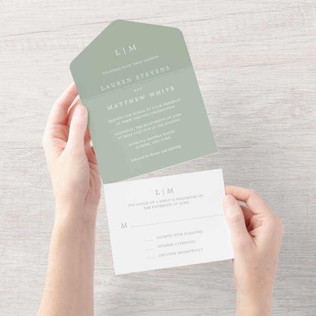 Modern Sage Green Monogram Simple Wedding All In One Invitation (Tearaway)