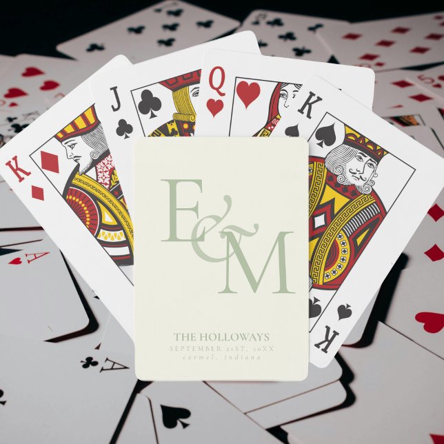Modern Sage Green Monogram Wedding Guest Book Playing Cards (Modern Sage Green Monogram Wedding Guest Book Poker Cards)