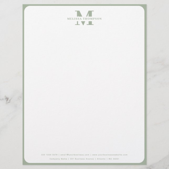 Modern Sage Green Monogrammed Custom Letterhead (Front)