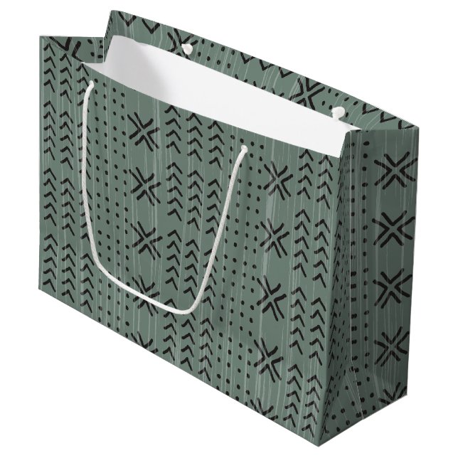 Modern Sage Green Mudcloth African Pattern Large Gift Bag (Front Angled)