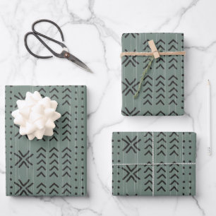 Modern Sage Green Mudcloth African Pattern Wrapping Paper Sheet