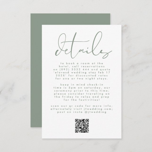 Modern Sage Green Neutral Text Wedding QR CODE Enclosure Card (Front/Back)