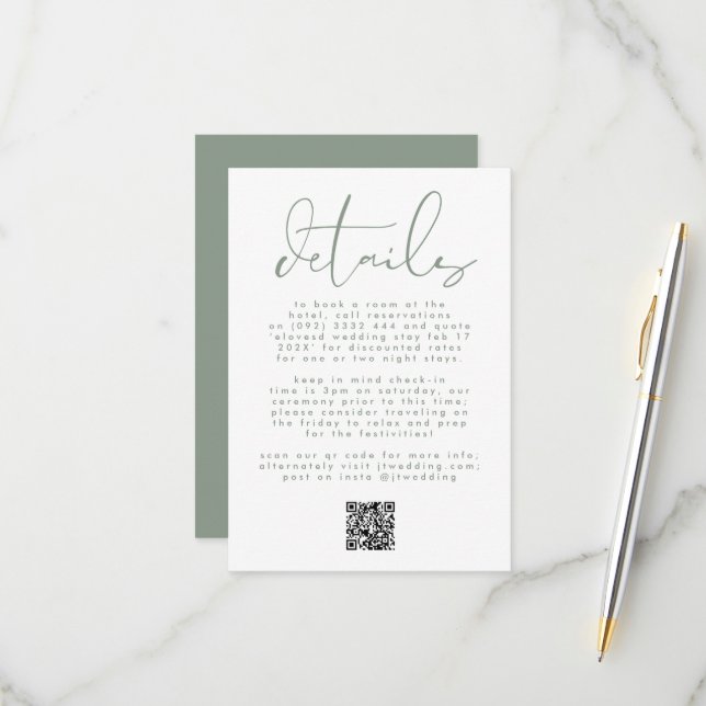 Modern Sage Green Neutral Text Wedding QR CODE RSVP Card (Front/Back In Situ)