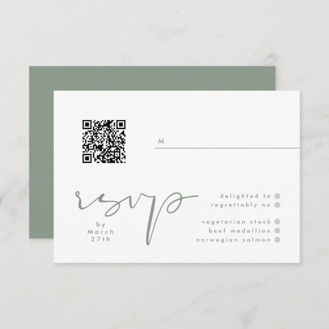 Modern Sage Green Neutral White Elegant QR Wedding RSVP Card (Front/Back)