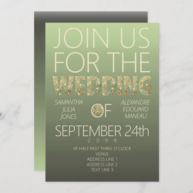 Modern Sage Green Ombre Floral Greenery Wedding Invitation (Front/Back)