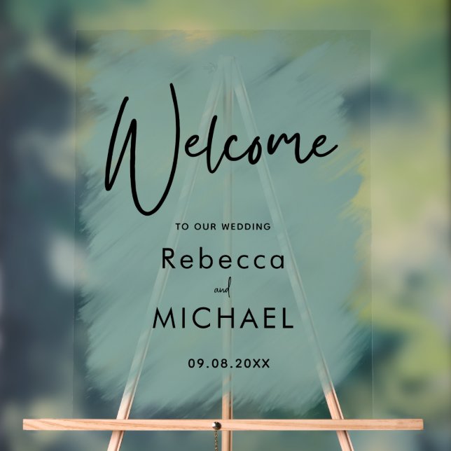 Modern sage green painted wedding welcome  acrylic sign (Neutral)