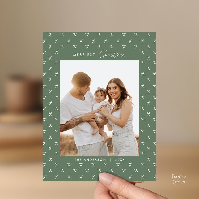 Modern Sage Green Pattern Family Photo Christmas Postcard (Modern Sage Green Bow Pattern Family Photo Christmas Postcard in Vintage theme)