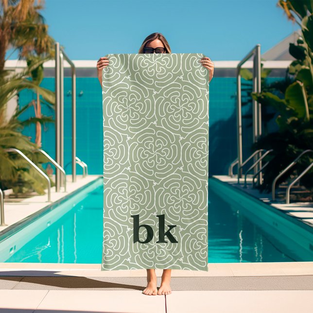 Modern sage green pattern monogrammed beach towel (sage green pattern beach towel with monogram)