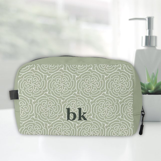 Modern sage green pattern monogrammed dopp kit (monogrammed toiletry bag in sage green with pattern)