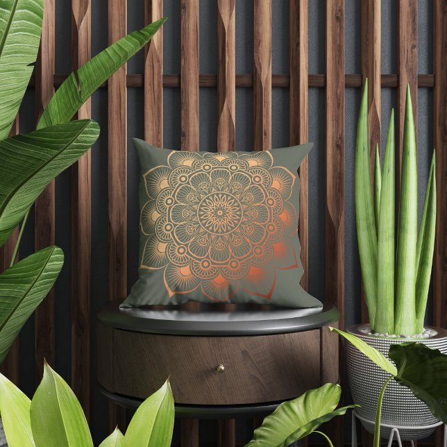 Modern Sage Green Peach Mandala Cushion (Modern Sage Green Peach Mandala Throw Pillow in a beautful brown and green boho room.)