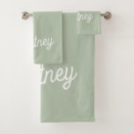 Modern Sage Green Personalised Monogram and Name  Bath Towel Set<br><div class="desc">The Modern Sage Green Personalised Monogram and Name Bath Towel Set combines elegance and practicality. Each towel in the set is crafted from soft, high-quality fabric in a calming sage green hue and features a personalised touch with your monogram and name. Perfect for adding a custom flair to your bathroom...</div>