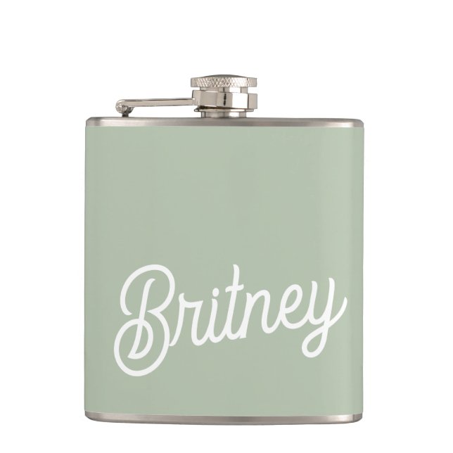 Modern Sage Green Personalised Monogram and Name  Hip Flask (Front)