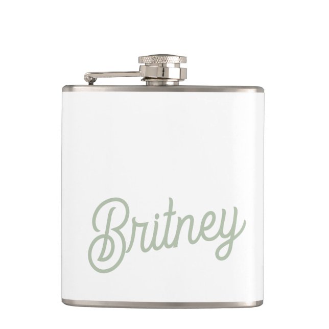 Modern Sage Green Personalised Monogram and Name  Hip Flask (Front)