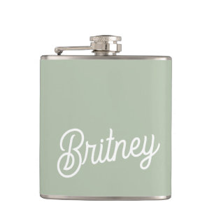 Modern Sage Green Personalised Monogram and Name Hip Flask