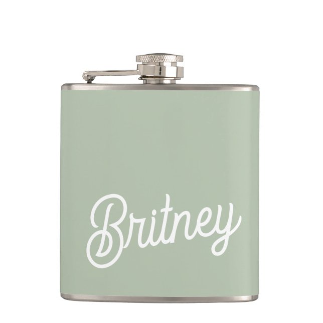 Modern Sage Green Personalised Monogram and Name  Hip Flask (Front)