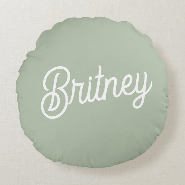 Modern Sage Green Personalised Monogram and Name  Round Cushion (Front)