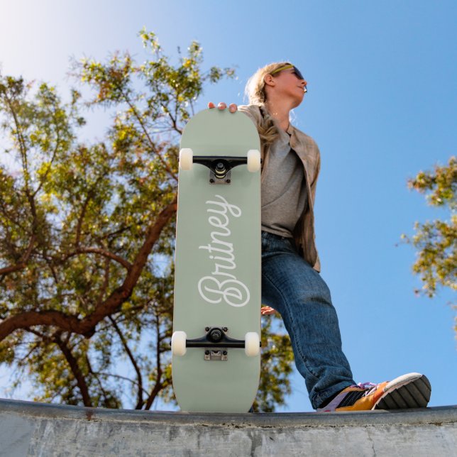 Modern Sage Green Personalized Monogram and Name  Skateboard (Outdoor 1)