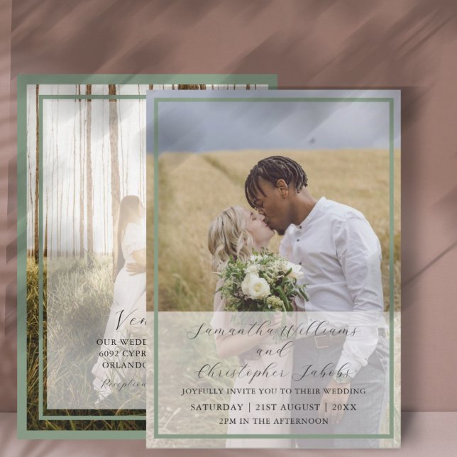 Modern Sage Green Photo & Calligraphy Wedding Invitation (Creator Uploaded)