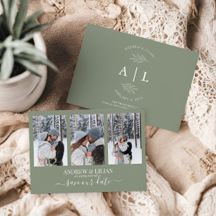 Modern Sage Green Photo Collage Monogram Wedding Save The Date
