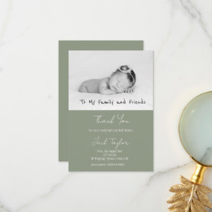 Modern Sage Green Photo Handwriting Baby Birth Thank You Card